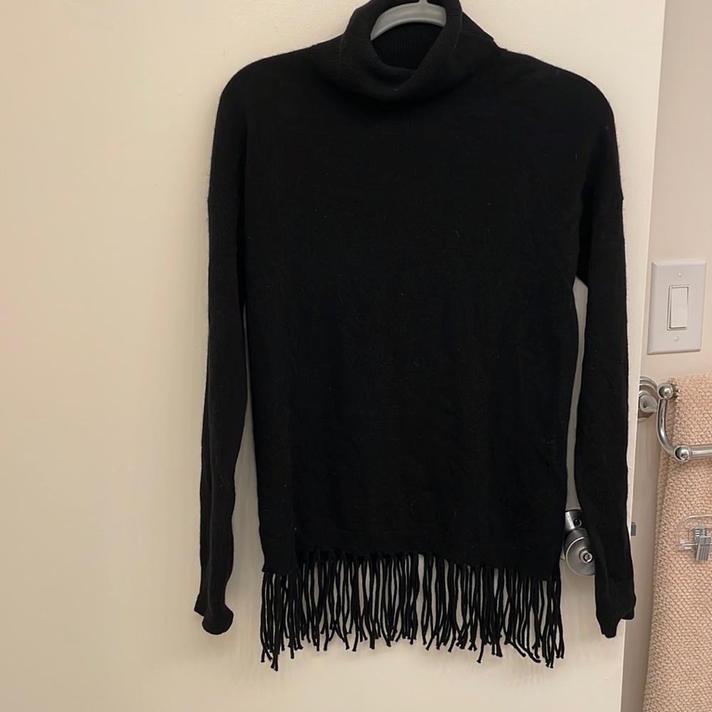 Bloomingdales Cashmere Black Fringe Turtleneck Sweater Size Medium